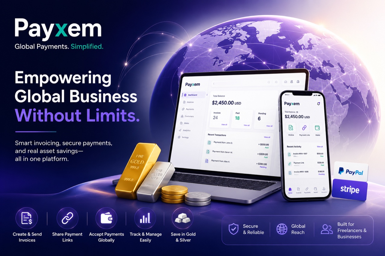 Payxem on laptop and phone with gold and silver bars: smart invoicing, secure payments, and real asset savings in one platform